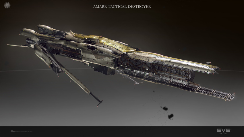3d, amarr_empire_(eve_online), commentary, concept_art, confessor_(eve_online), destroyer, english_text, eve_online, highres, logo, machinery, military, military_vehicle, no_humans, photorealistic, realistic, science_fiction, ship, sobaku-chiuchiu, spacecraft, thrusters, warship, watercraft