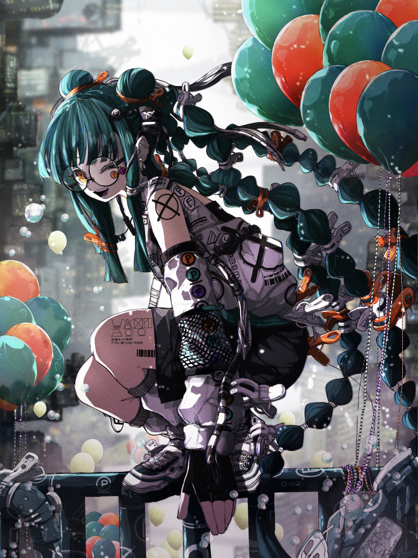 absurdly_long_hair, absurdres, balloon, blue_hair, blurry, blurry_background, body_writing, braid