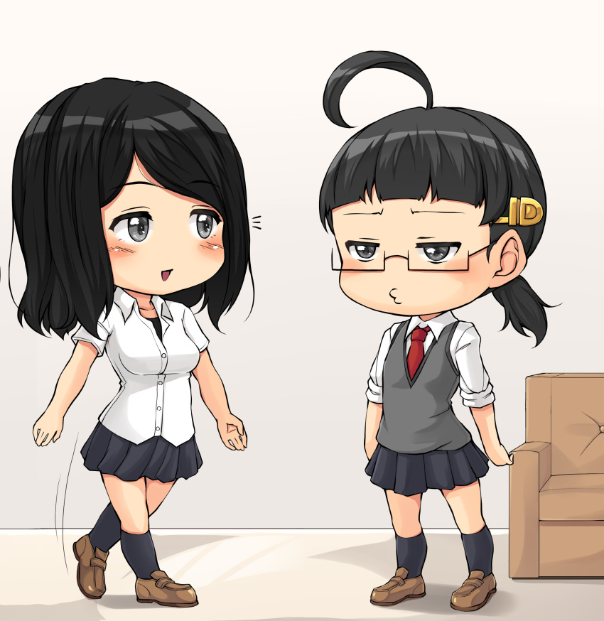 2girls, ahoge, bangs, black-framed_eyewear, black_eyes, black_hair, black_skirt, black_socks, blunt_bangs, blush, breasts, brown_footwear, chibi, commentary_request, couch, full_body, glasses, grey_vest, hair_ornament, highres, ido_romeko, junk_gaming_maiden, kitsunerider, loafers, marumi_(junk_gaming_maiden), medium_breasts, miniskirt, multiple_girls, necktie, o3o, pleated_skirt, rectangular_eyewear, red_necktie, semi-rimless_eyewear, shirt, shoes, short_hair, short_ponytail, skirt, sleeves_rolled_up, small_breasts, socks, standing, under-rim_eyewear, vest, walking, white_shirt