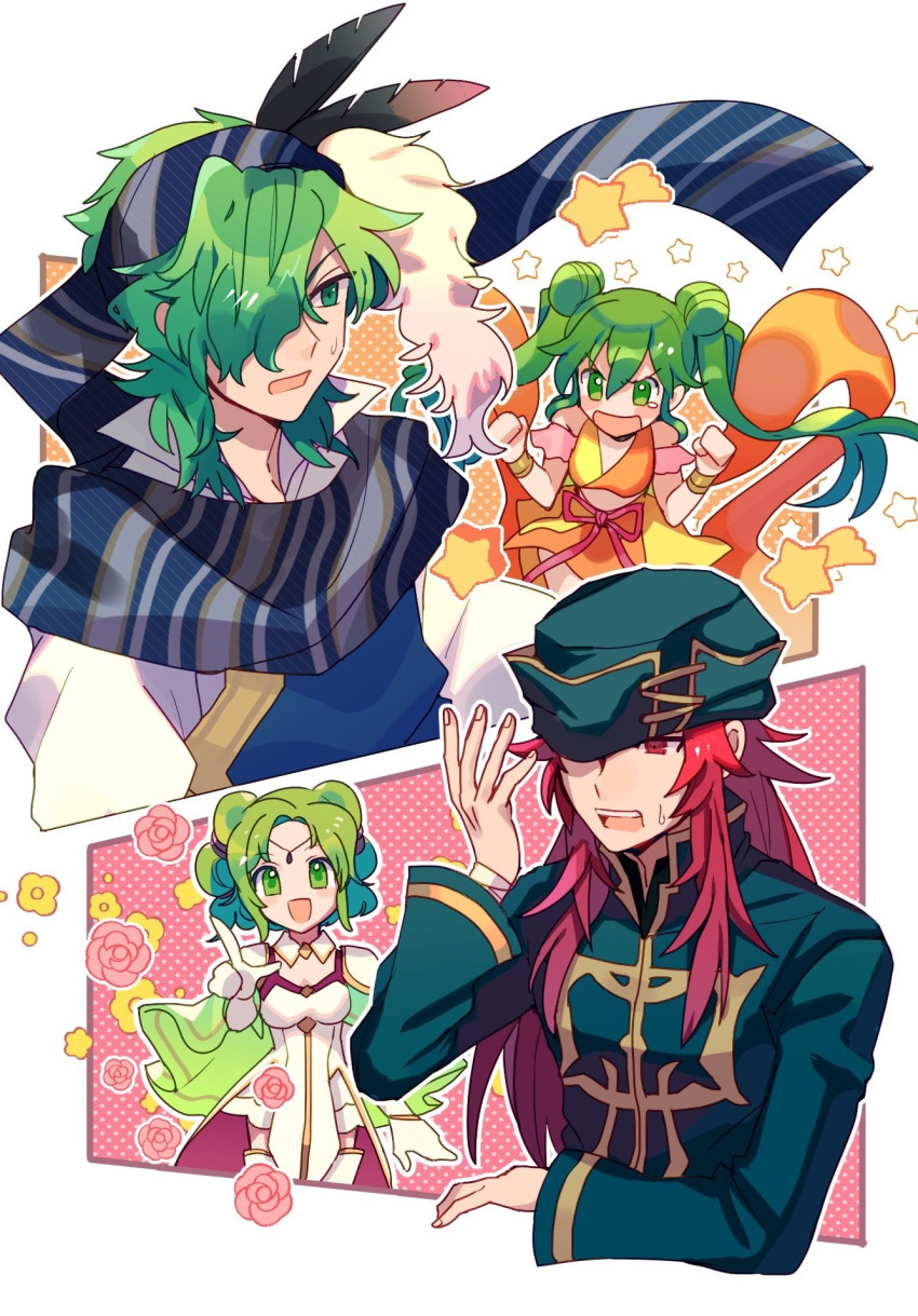 2boys, 2girls, armor, bangs, bracelet, circlet, double_bun, dress