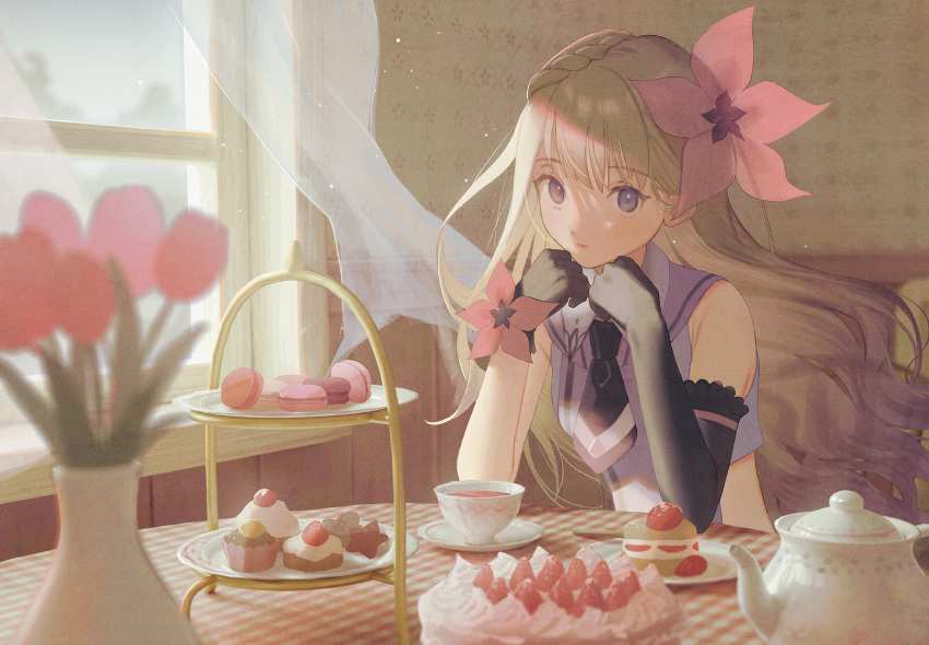 1girl, amanohoshi_chiroru, asymmetrical_gloves, black_gloves, black_necktie, blonde_hair, cake, chair