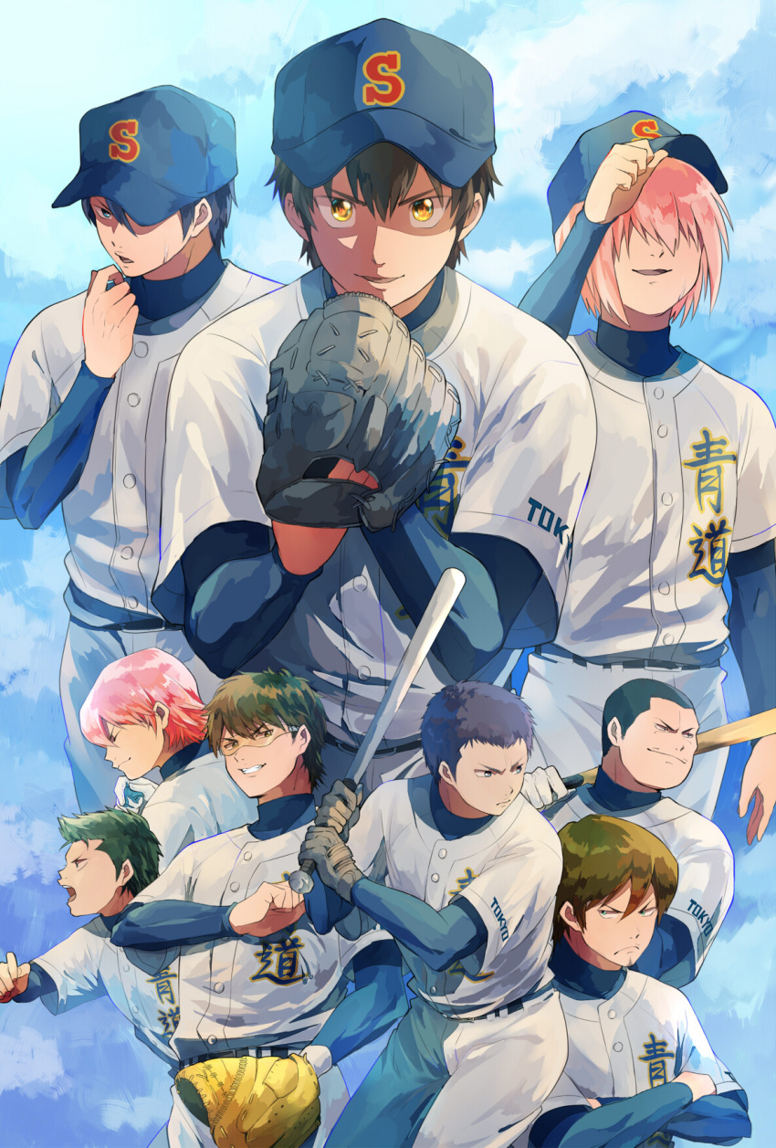 6+boys, ace_of_diamond, baseball_bat, baseball_cap, baseball_mitt, baseball_uniform, black_hair, blue_background