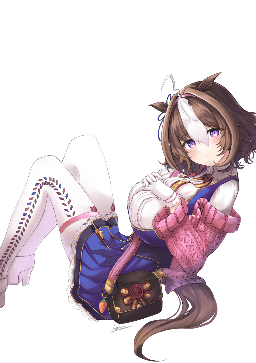 aaroza, absurdres, ahoge, animal_ears, ascot, bag, breasts, brown_hair, frilled_ascot, frills, gloves, hairband, hands_on_own_breasts, hands_on_own_chest, high_heels, highres, horse_ears, horse_girl, horse_tail, large_breasts, meisho_doto_(umamusume), pantyhose, pink_hairband, short_hair, shoulder_bag, sitting, sweater, tail, umamusume, violet_eyes, white_background, white_gloves, white_hair, white_pantyhose