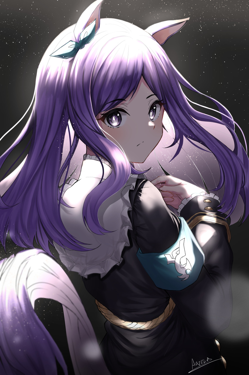 1girl, aaroza, absurdres, animal_ears, aqua_bow, armband, artist_name, bangs