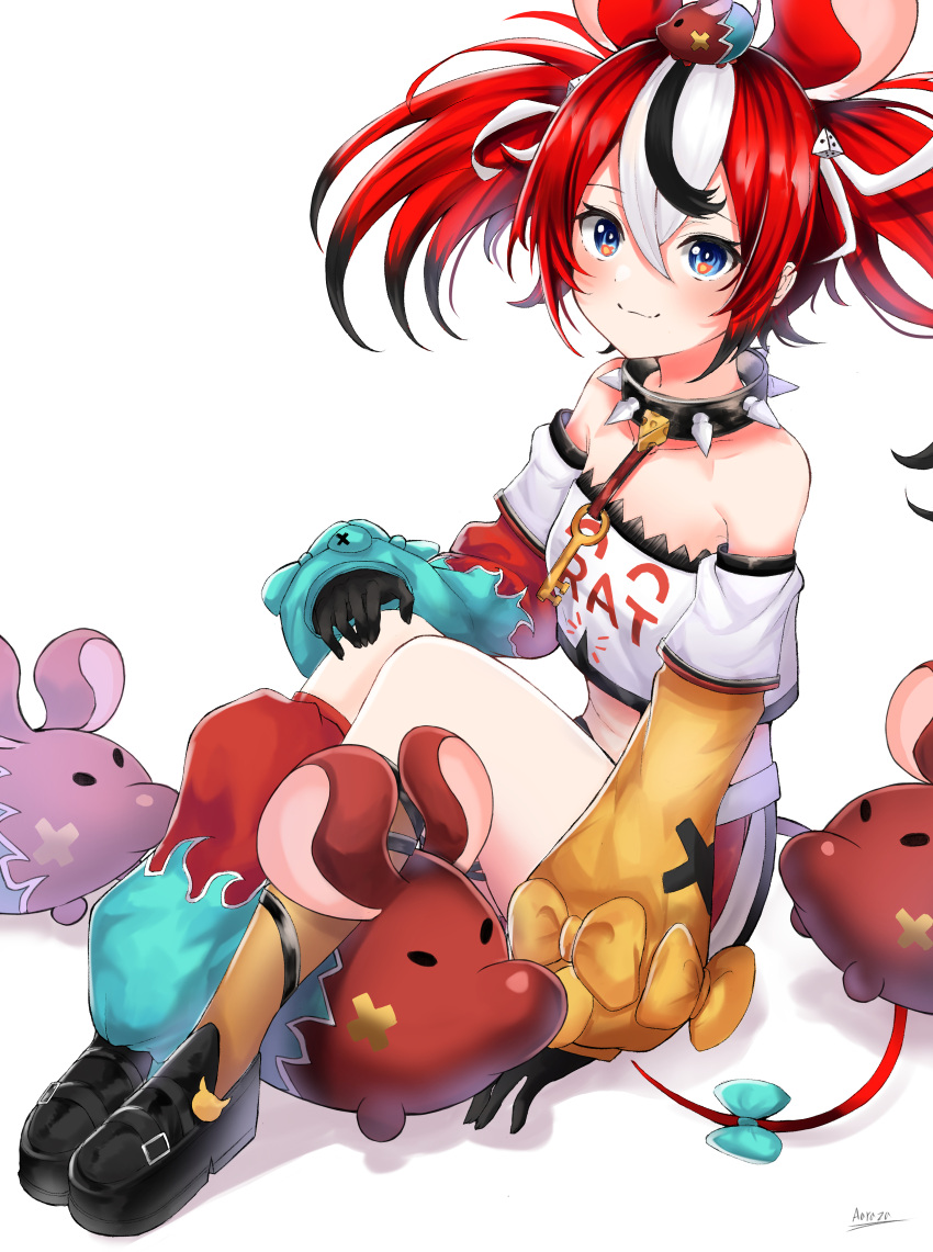 aaroza, absurdres, animal_ears, asymmetrical_legwear, bare_shoulders, black_collar, black_footwear, black_gloves, black_hair, bow, collar, crop_top, dice_hair_ornament, gloves, hair_ornament, hakos_baelz, highres, holocouncil, hololive, hololive_english, jewelry, key_necklace, long_sleeves, midriff, mismatched_legwear, mouse_ears, mouse_girl, mouse_tail, multicolored_clothes, multicolored_hair, multicolored_skirt, necklace, redhead, sitting, skirt, spiked_collar, spikes, streaked_hair, tail, tail_bow, tail_ornament, twintails, virtual_youtuber, white_background, white_hair