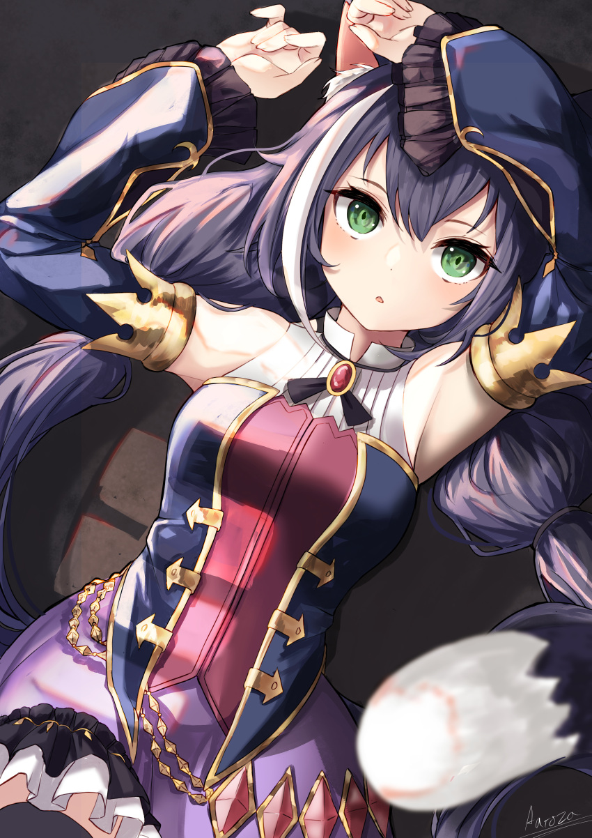 1girl, aaroza, absurdres, animal_ear_fluff, animal_ears, armpits, arms_up, black_hair, blue_sleeves, cat_ears, cat_girl, cat_tail, detached_sleeves, dress, frilled_sleeves, frills, green_eyes, hand_on_own_face, highres, karyl_(princess_connect!), long_hair, low_twintails, lying, multicolored_hair, on_back, princess_connect!, sleeveless, sleeveless_dress, streaked_hair, tail, twintails, upper_body, white_hair, wide_sleeves
