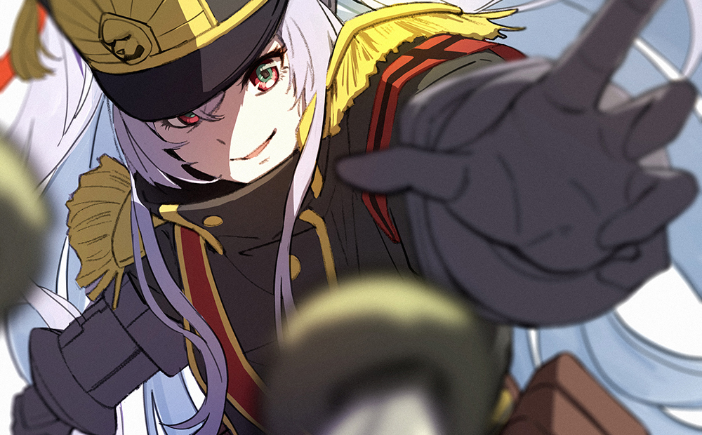 1girl, :d, altair_(re:creators), armband, black_headwear, blurry, blurry_foreground, c-eye