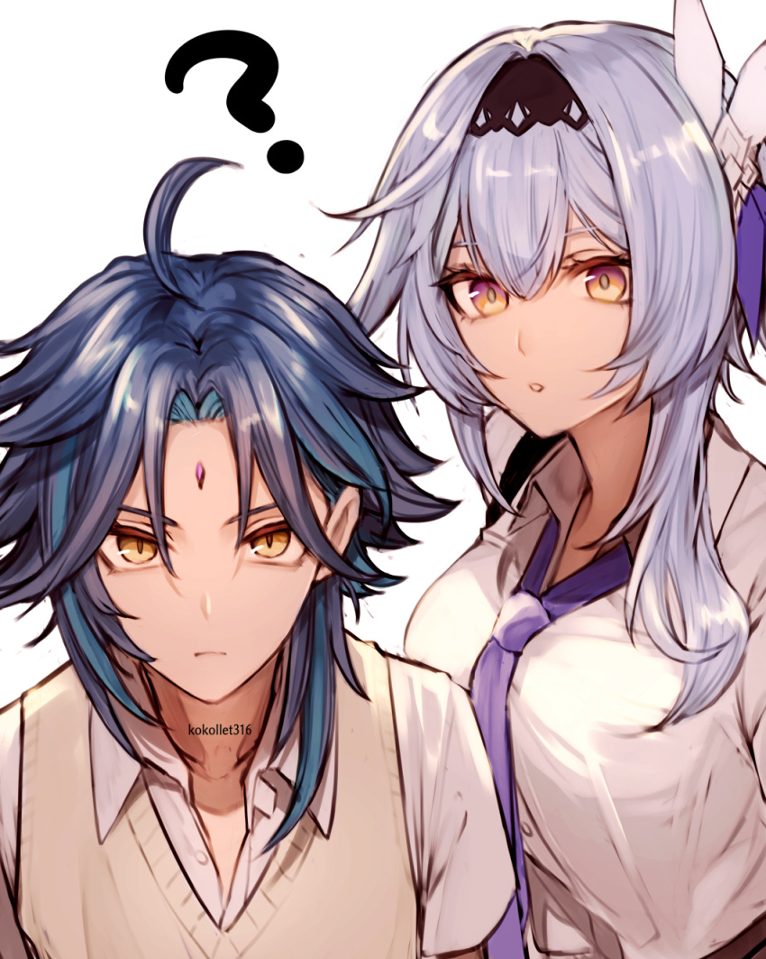 1boy, 1girl, aqua_hair, asymmetrical_hair, bangs, black_hairband, blue_hair, breasts