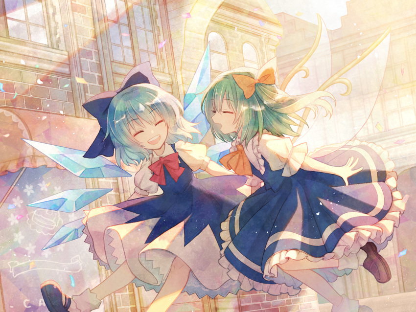 2girls, :d, architecture, ascot, black_footwear, blue_bow, blue_dress, blue_hair