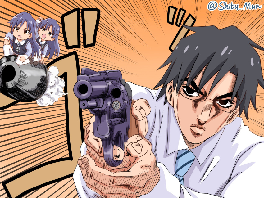 1boy, 2girls, bullet, firing, glasses, gun, highres, idolmaster, jojo_no_kimyou_na_bouken, kisaragi_chihaya, multiple_girls, munbato_(watari_megumi), necktie, parody, producer_(idolmaster), producer_(idolmaster_anime), revolver, sex_pistols_(stand), shirt, sweater_vest, twitter_username, voice_actor_connection, weapon, white_shirt