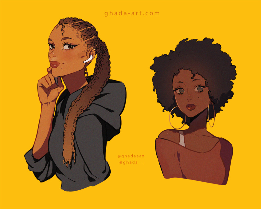 2girls, afro, airpods, artist_name, black_hair, brown_hair, dark-skinned_female, dark_skin