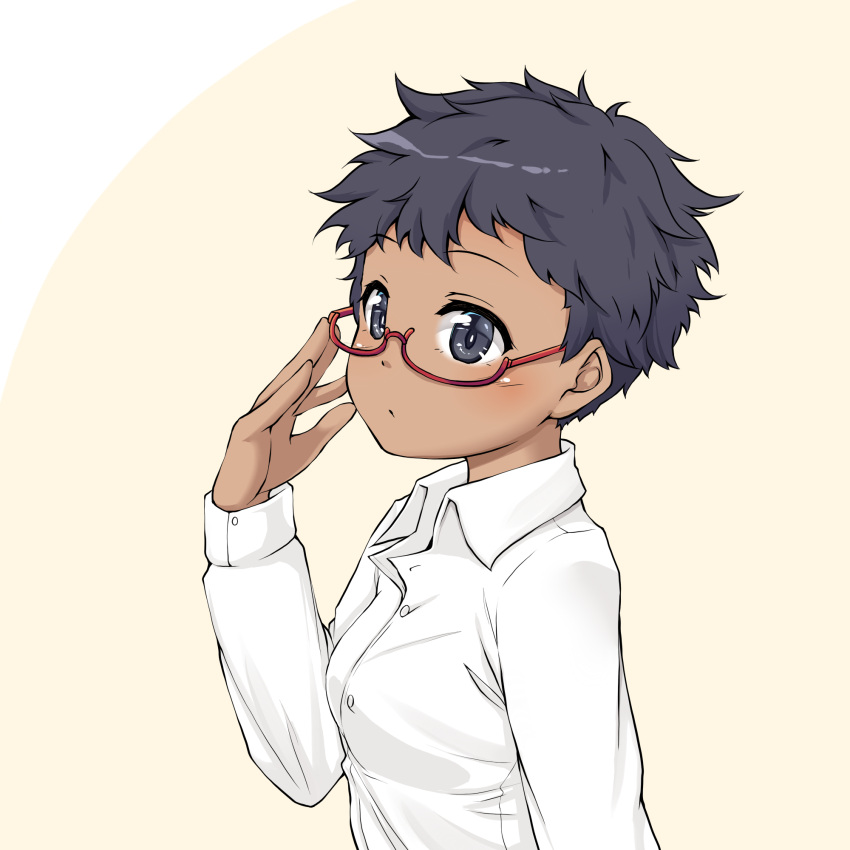 1girl, adjusting_eyewear, bangs, black_eyes, black_hair, blush, breasts, closed_mouth