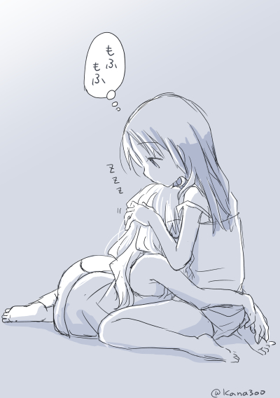 ahoge, artist_name, barefoot, camisole, chito_(shoujo_shuumatsu_ryokou), cuddling, greyscale, hair_down, hand_in_another's_hair, head_on_chest, long_hair, mitou_kana, monochrome, shoujo_shuumatsu_ryokou, sitting, sketch, sleeping, yuri, yuuri_(shoujo_shuumatsu_ryokou), zzz