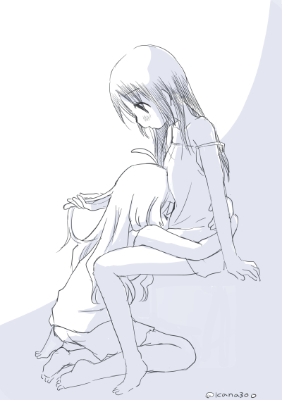 2girls, ahoge, artist_name, barefoot, camisole, chito_(shoujo_shuumatsu_ryokou), greyscale, hair_down, head_on_chest, holding_another's_hair, hug, kneeling, long_hair, mitou_kana, monochrome, multiple_girls, off_shoulder, shoujo_shuumatsu_ryokou, sitting, sketch, yuri, yuuri_(shoujo_shuumatsu_ryokou)