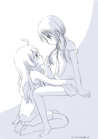 2girls, ahoge, artist_name, barefoot, camisole, chito_(shoujo_shuumatsu_ryokou), greyscale, holding_another's_hair