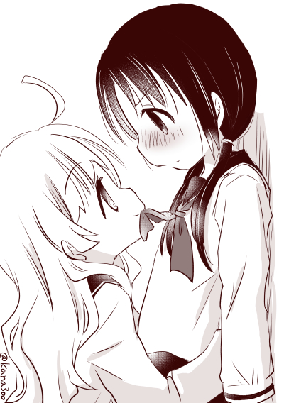 2girls, ahoge, artist_name, blush, chito_(shoujo_shuumatsu_ryokou), contemporary, eye_contact, greyscale