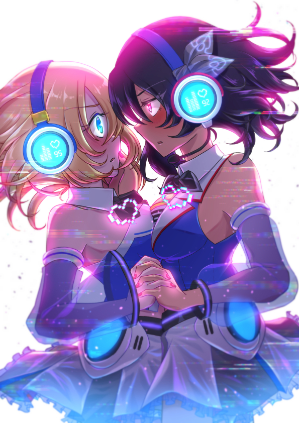 2girls, andou_(girls_und_panzer), bare_shoulders, black_hair, blonde_hair, blue_eyes, blush, breasts, brown_eyes, girls_und_panzer, glowing_heart, headphones, heart, heart_on_chest, holding_hands, idol, imminent_kiss, looking_at_another, medium_breasts, multiple_girls, nail_polish, open_mouth, oshida_(girls_und_panzer), salt-apple, shiny, shiny_hair, short_hair, upper_body, yuri
