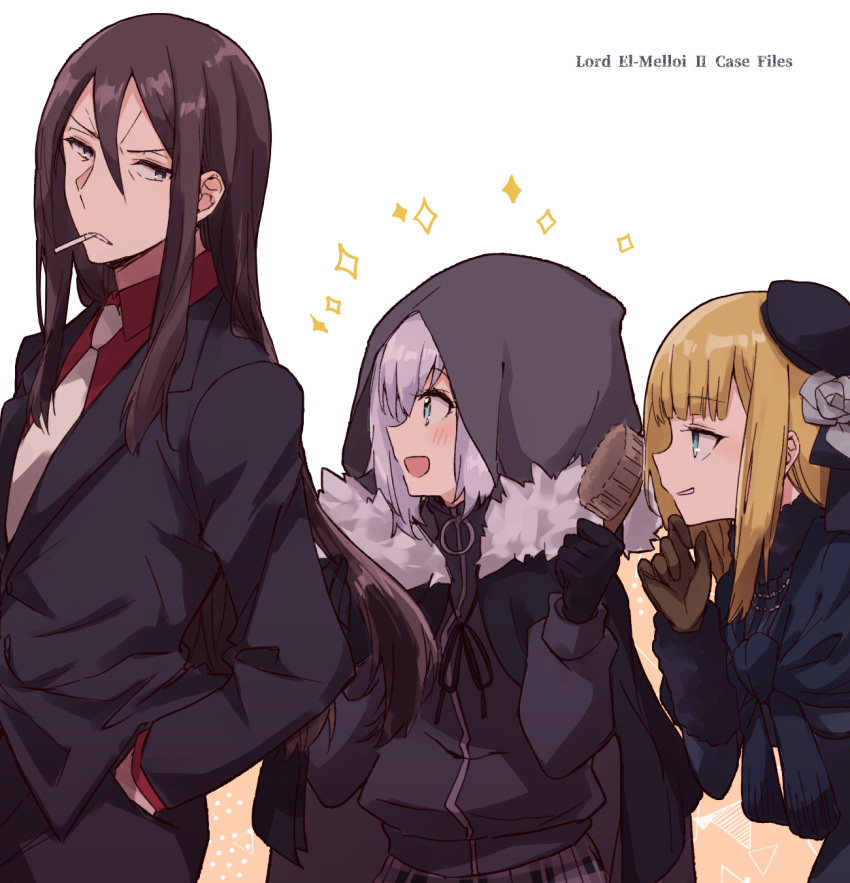 1boy, 2girls, :d, bangs, black_cape, black_gloves, black_headwear, black_jacket
