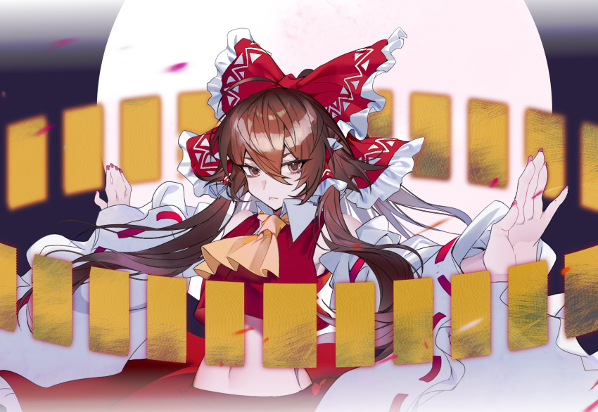 1girl, ahoge, ascot, bow, brown_eyes, brown_hair, chinese_commentary, closed_mouth, commentary, detached_sleeves, eyebrows_hidden_by_hair, fingernails, floating_hair, frilled_bow, frilled_hair_tubes, frills, frown, hair_bow, hair_tubes, hakurei_reimu, highres, long_hair, looking_at_viewer, midriff, nail_polish, navel, neet_xing, outstretched_arms, ponytail, red_bow, red_nails, red_skirt, red_vest, ribbon-trimmed_sleeves, ribbon_trim, skirt, skirt_set, solo, talisman, touhou, upper_body, very_long_hair, vest, white_sleeves, wide_sleeves, yellow_ascot