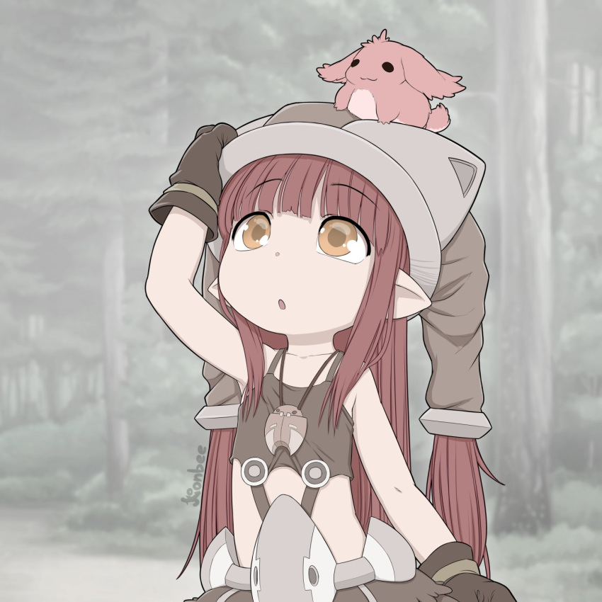 1girl, :o, brown_gloves, creature, creature_on_head, gloves, hand_up, head_scarf