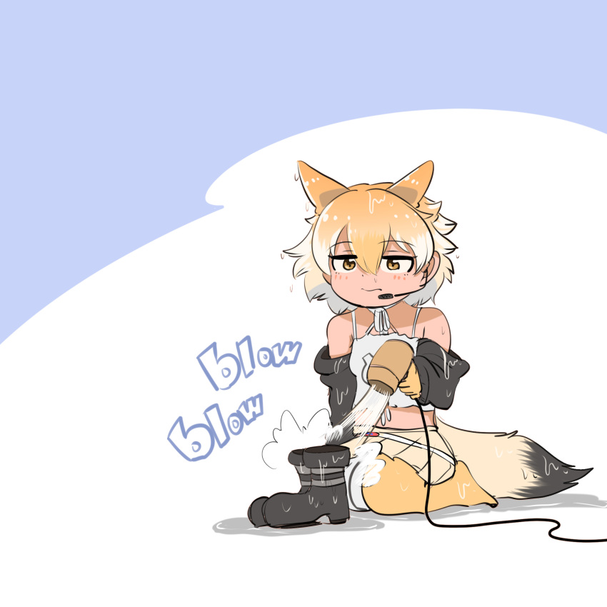 1girl, animal_costume, black_jacket, blonde_hair, closed_mouth, coyote_(kemono_friends), coyote_ears, coyote_girl