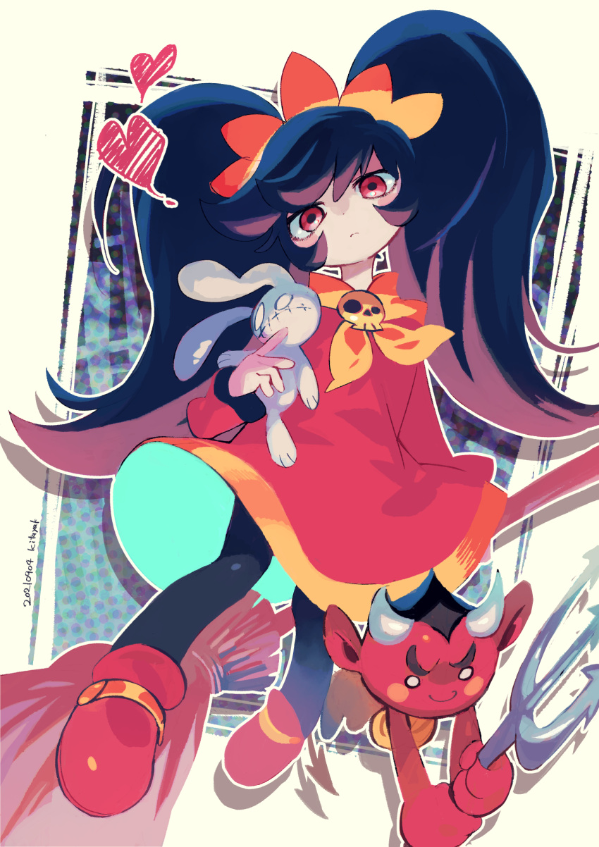 1girl, arm_behind_back, ashley_(warioware), black_hair, black_horns, black_pantyhose, blush, blush_stickers