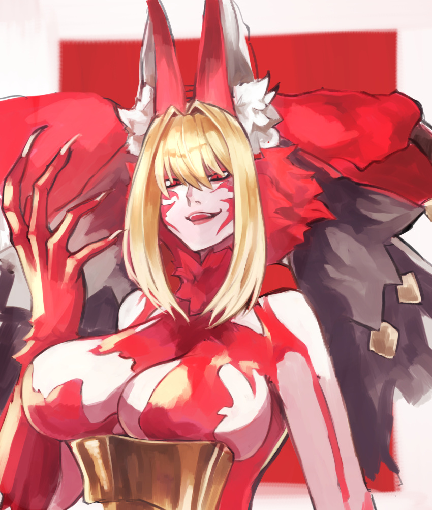 1girl, animal_ear_fluff, animal_ears, bare_shoulders, blonde_hair, colored_skin, facial_mark, fate/grand_order