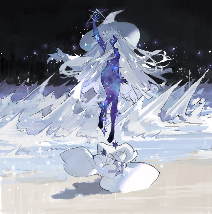 1girl, arm_up, bare_shoulders, beach, blue_skin, bow, casting_spell, colored_skin