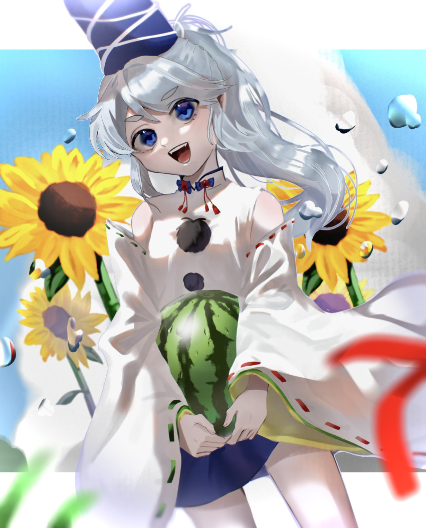 1girl, blue_eyes, blue_skirt, detached_sleeves, flower, food, fruit, grey_hair