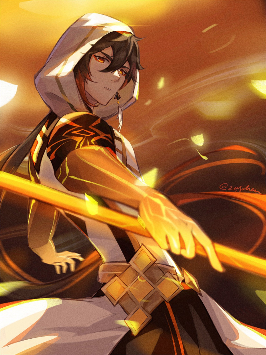 1boy, antenna_hair, bangs, black_hair, brown_hair, chenzcy, closed_mouth, colored_skin