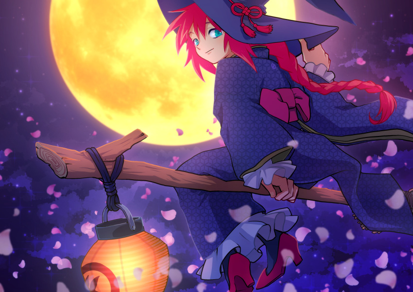1girl, aoiyuya, bangs, blue_eyes, braid, broom, broom_riding, falling_petals