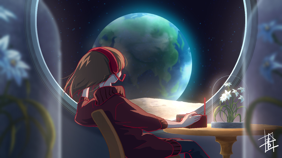 1girl, aoiyuya, brown_hair, chair, display_case, earth_(planet), flower, from_behind