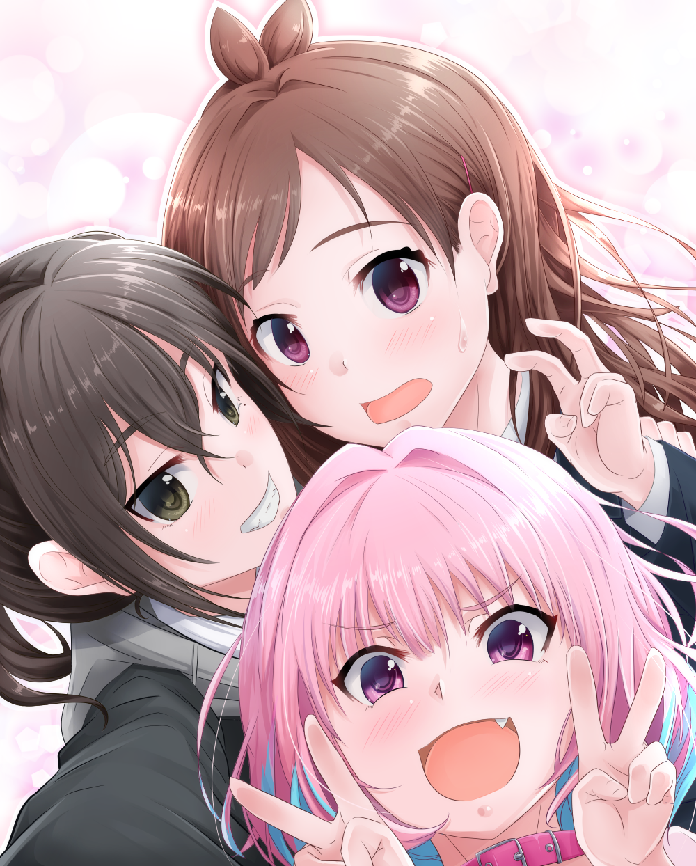#lookingforaunitname_(idolmaster), 3girls, antenna_hair, blue_hair, blush, brown_hair, double_v, fang
