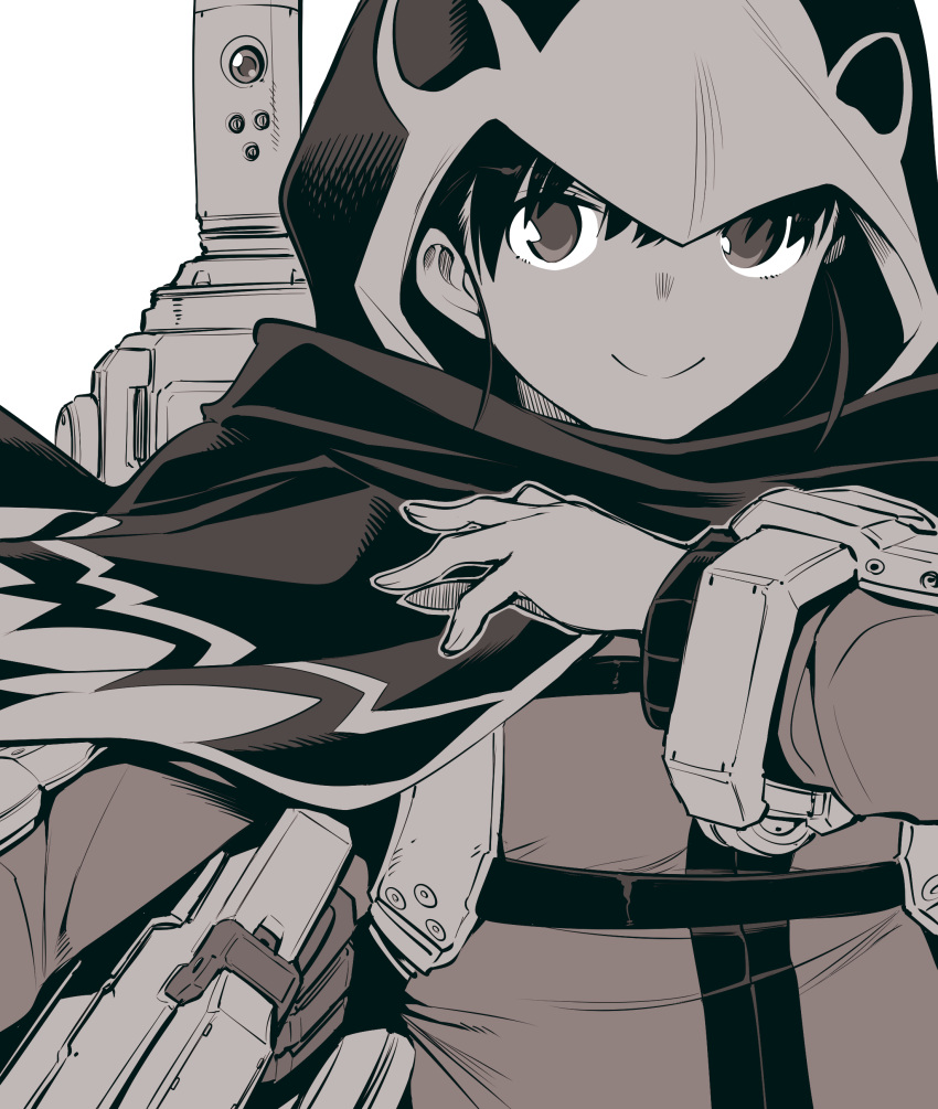 1girl, absurdres, black_hair, close-up, exoskeleton, fingernails, greyscale, hand_up
