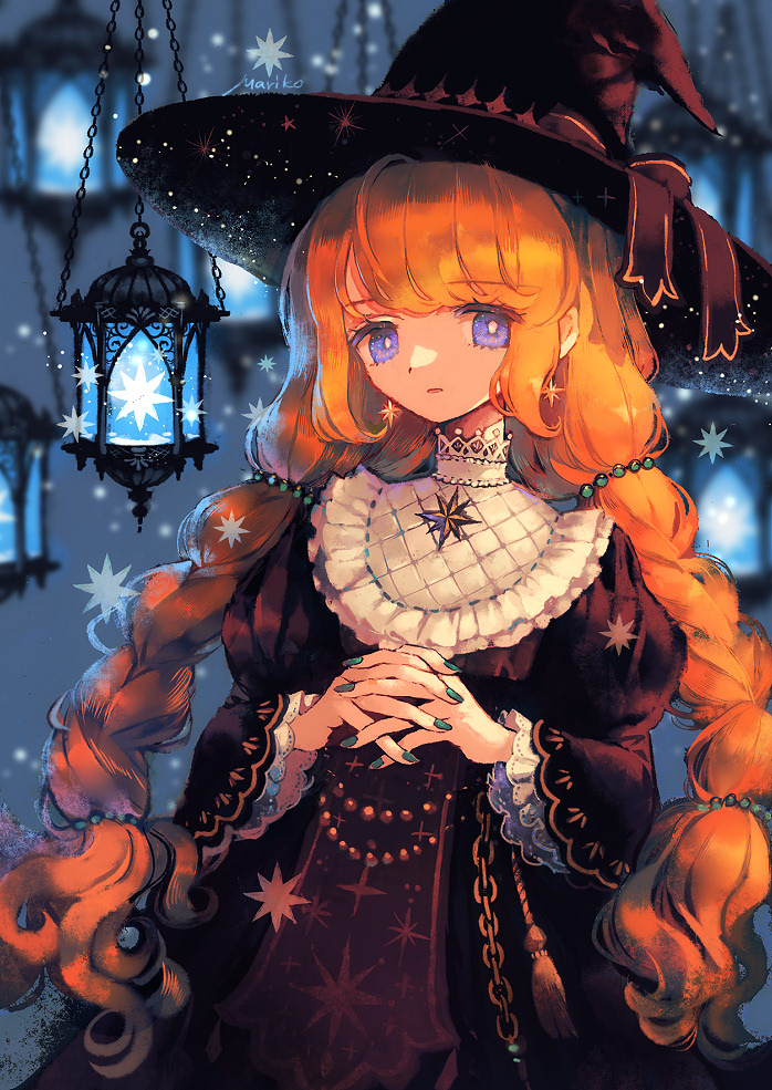 1girl, bangs, black_dress, black_headwear, blurry, bow, braid, bright_pupils