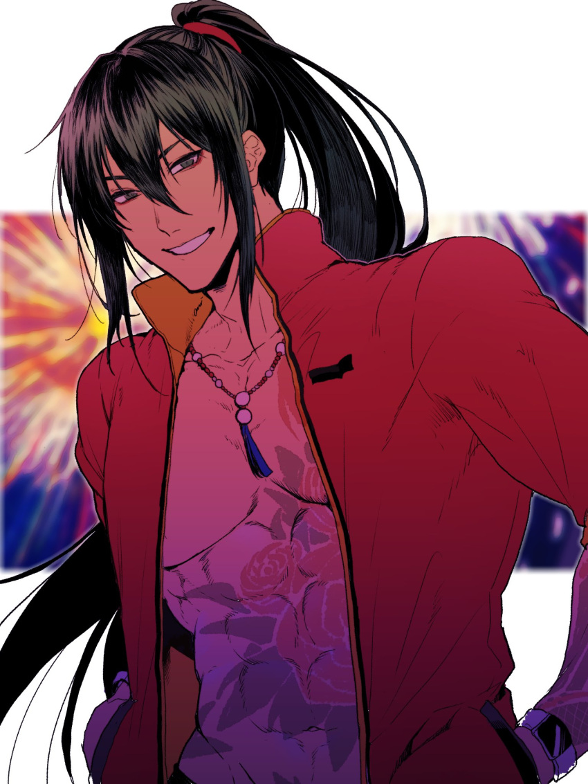 1boy, a_nzi_end, abs, alternate_hairstyle, black_hair, chain_necklace, commentary_request, fate/grand_order