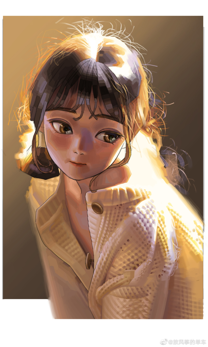 1girl, absurdres, backlighting, bangs, blurry, brown_background, brown_hair, buttons