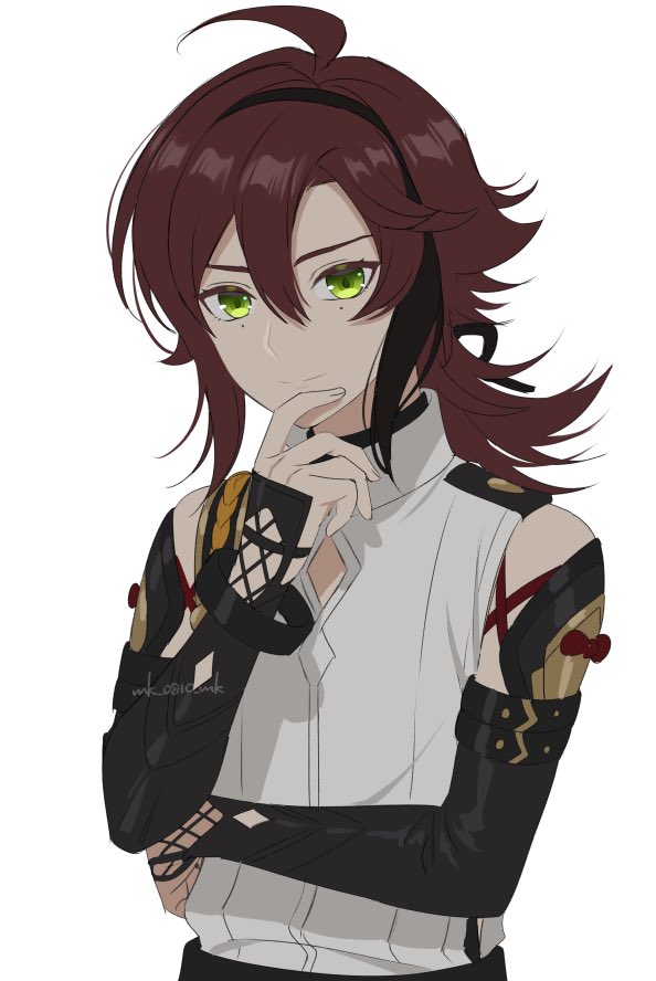 1boy, ar_(rikuesuto), armor, closed_mouth, dark_red_hair, fingerless_gloves, genshin_impact, gloves