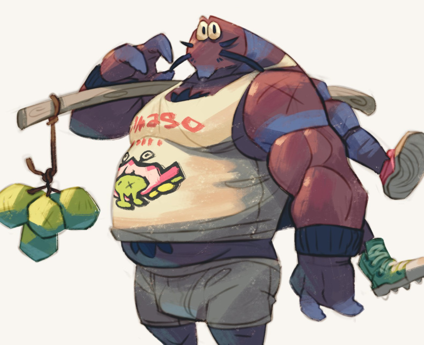 1boy, asymmetrical_footwear, black_eyes, black_hair, carrying, chest_hair, coconut, coconut_crab