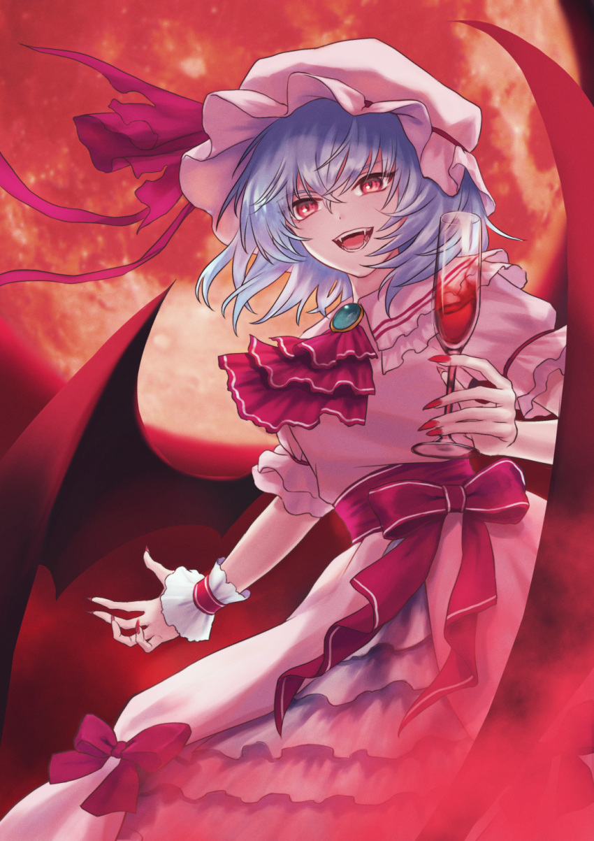 1girl, alcohol, alternate_eye_color, arm_up, ascot, bangs, bat_wings, belt