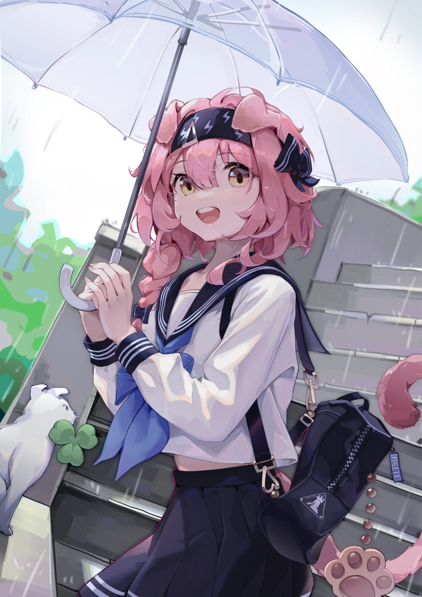 1girl, :d, alternate_costume, animal_ears, arknights, asc11, bag, bag_charm, black_hairband, black_sailor_collar, black_skirt, braid, cat, cat_ears, cat_girl, cat_tail, charm_(object), clover, cowboy_shot, day, goldenglow_(arknights), hairband, highres, holding, holding_umbrella, lightning_bolt_print, long_hair, long_sleeves, looking_back, midriff_peek, open_mouth, outdoors, pink_hair, pleated_skirt, rain, rhodes_island_logo, sailor_collar, school_uniform, scottish_fold, serafuku, shirt, shoulder_bag, side_braid, skirt, smile, solo, stairs, tail, teeth, umbrella, upper_teeth, white_shirt, yellow_eyes