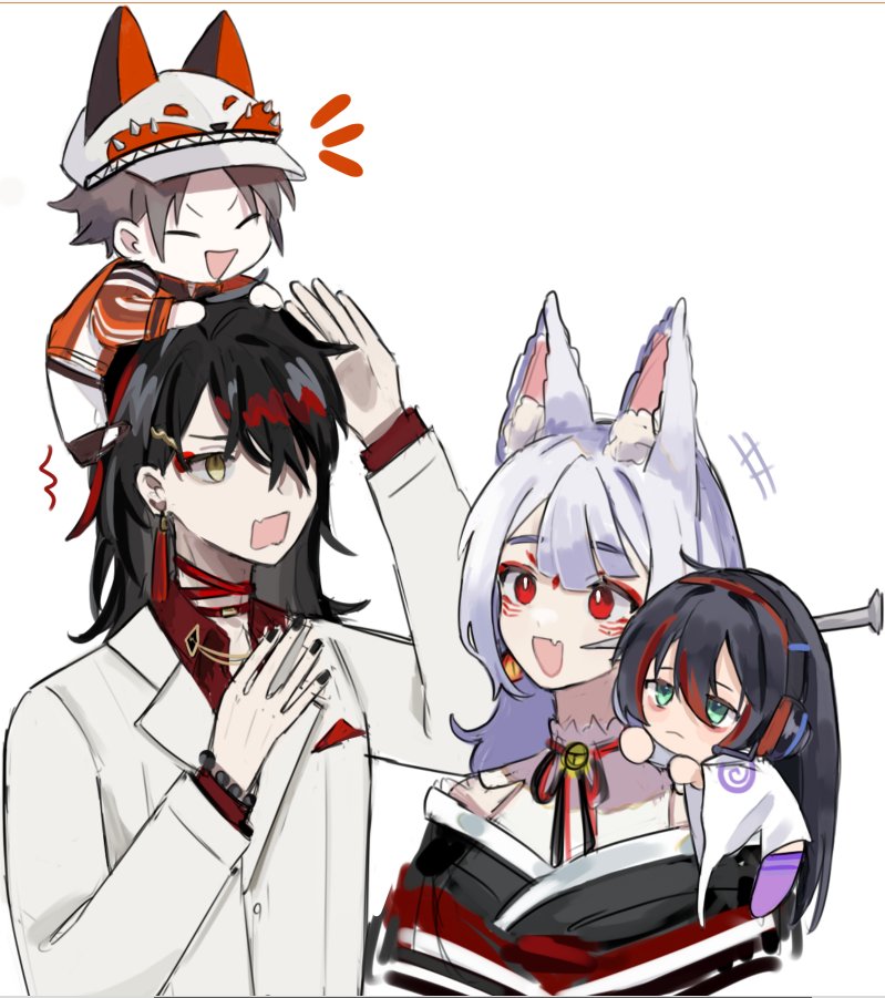 2boys, 2girls, ^_^, bell, black_hair, black_kimono, black_nails, black_ribbon