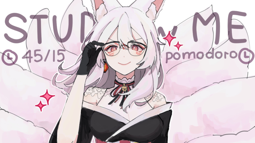 1girl, animal_ears, bell, bespectacled, black_gloves, black_kimono, black_ribbon, breasts