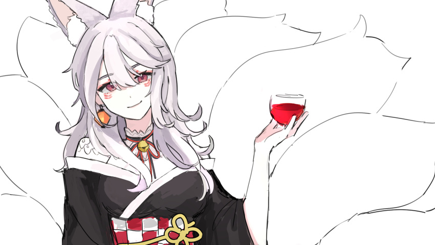 1girl, animal_ear_fluff, animal_ears, black_kimono, breasts, cup, drinking_glass, earrings