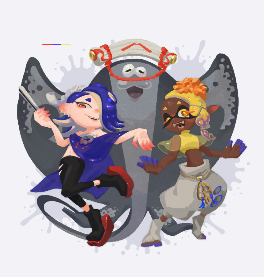 +_+, 1boy, 2girls, ;d, big_man_(splatoon), black_pants, black_socks, blonde_hair, blue_hair, blue_skin, cephalopod_eyes, chest_sarashi, clothing_cutout, colored_eyelashes, colored_skin, crop_top, dark-skinned_female, dark_skin, domino_mask, eyeliner, fangs, folded_fan, folding_fan, forehead, frye_(splatoon), full_body, gradient_hair, gradient_skin, hair_over_one_eye, hand_fan, harem_pants, highres, holding, holding_fan, horizontal_pupils, leg_up, long_hair, makeup, manta_ray, mask, motsuya_(motunabeeeeee), multicolored_hair, multicolored_skin, multiple_girls, navel, octarian, one_eye_closed, open_mouth, orange_eyes, orange_pupils, paint_splatter, pants, pointy_ears, purple_hair, red_eyeliner, red_eyes, red_pupils, red_skin, sarashi, see-through, shiver_(splatoon), simple_background, sleeveless, smile, socks, splatoon_(series), splatoon_3, standing, standing_on_one_leg, suction_cups, tabi, teeth, tentacle_hair, tiptoes, toeless_legwear, turtleneck, two-tone_hair, two-tone_skin, white_background, white_pants, white_socks, yellow_crop_top
