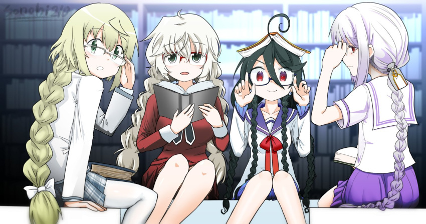 4girls, amano_suzune, bangs, black_hair, blonde_hair, blush, book, braid
