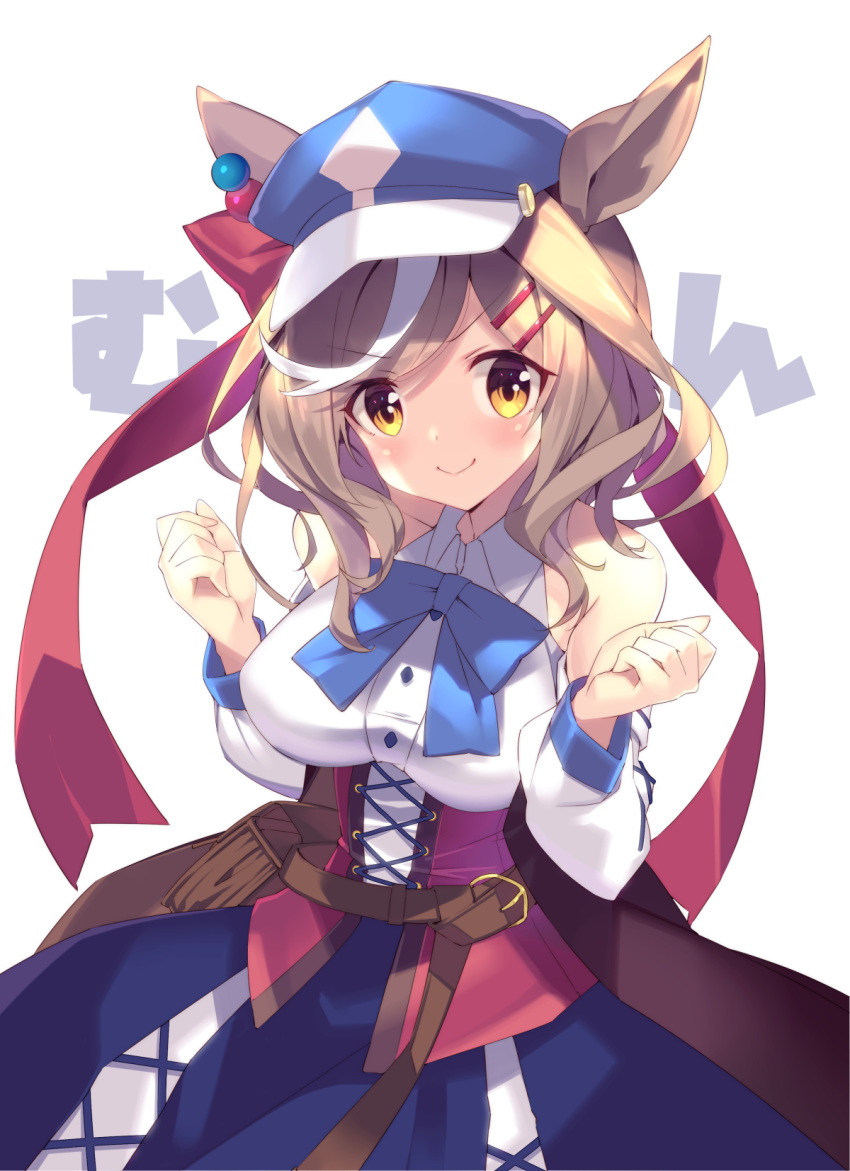 belt, blush, breasts, brown_hair, clenched_hands, commentary, ei_ei_mun!, hair_ornament