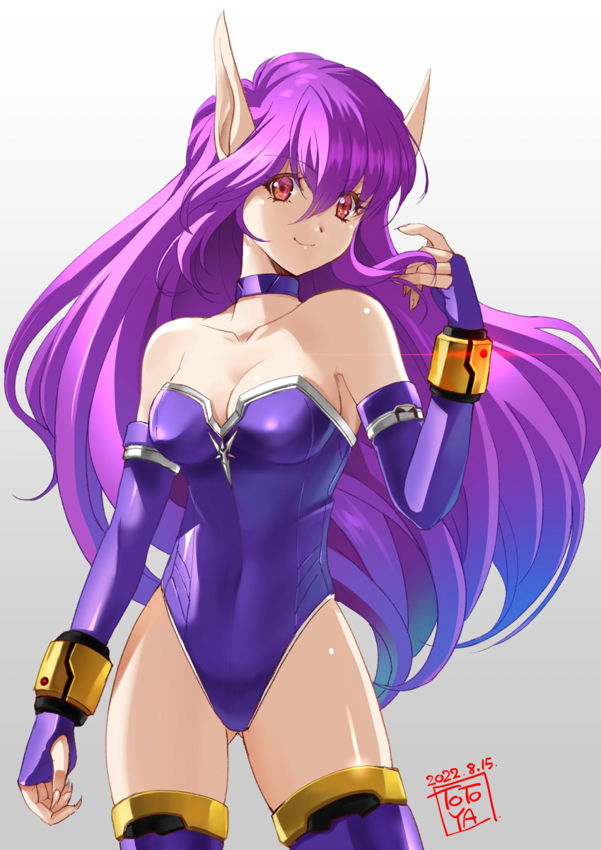 1girl, animal_ears, breasts, cowboy_shot, gloves, highleg, highleg_leotard, highres, jewelry, judy_totoya, leotard, long_hair, looking_at_viewer, medium_breasts, neck_ring, nei, phantasy_star, phantasy_star_ii, purple_gloves, purple_hair, purple_leotard, red_eyes, signature, simple_background, smile, white_background