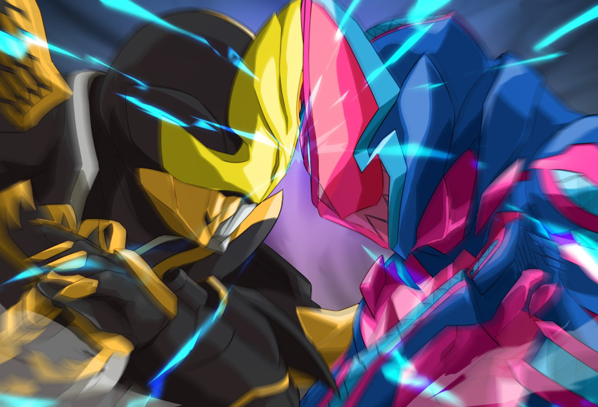 2boys, armor, asymmetrical_armor, battle, black_armor, black_bodysuit, blue_background, bodysuit