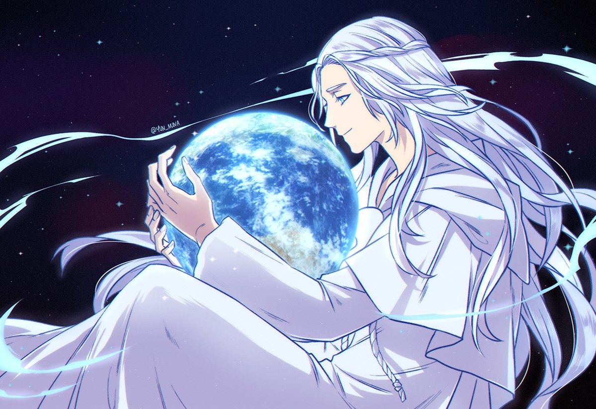 1girl, blue_background, blue_eyes, braid, capelet, commentary, energy, english_commentary, final_fantasy, final_fantasy_xiv, floating, from_side, giant, giantess, ginsan, half_updo, holding, holding_planet, hood, hood_down, hooded_capelet, long_hair, long_sleeves, mask, mask_removed, planet, profile, robe, signature, single_braid, sky, smile, solo, space, star_(sky), starry_sky, twitter_username, venat_(ff14), white_capelet, white_hair, white_robe